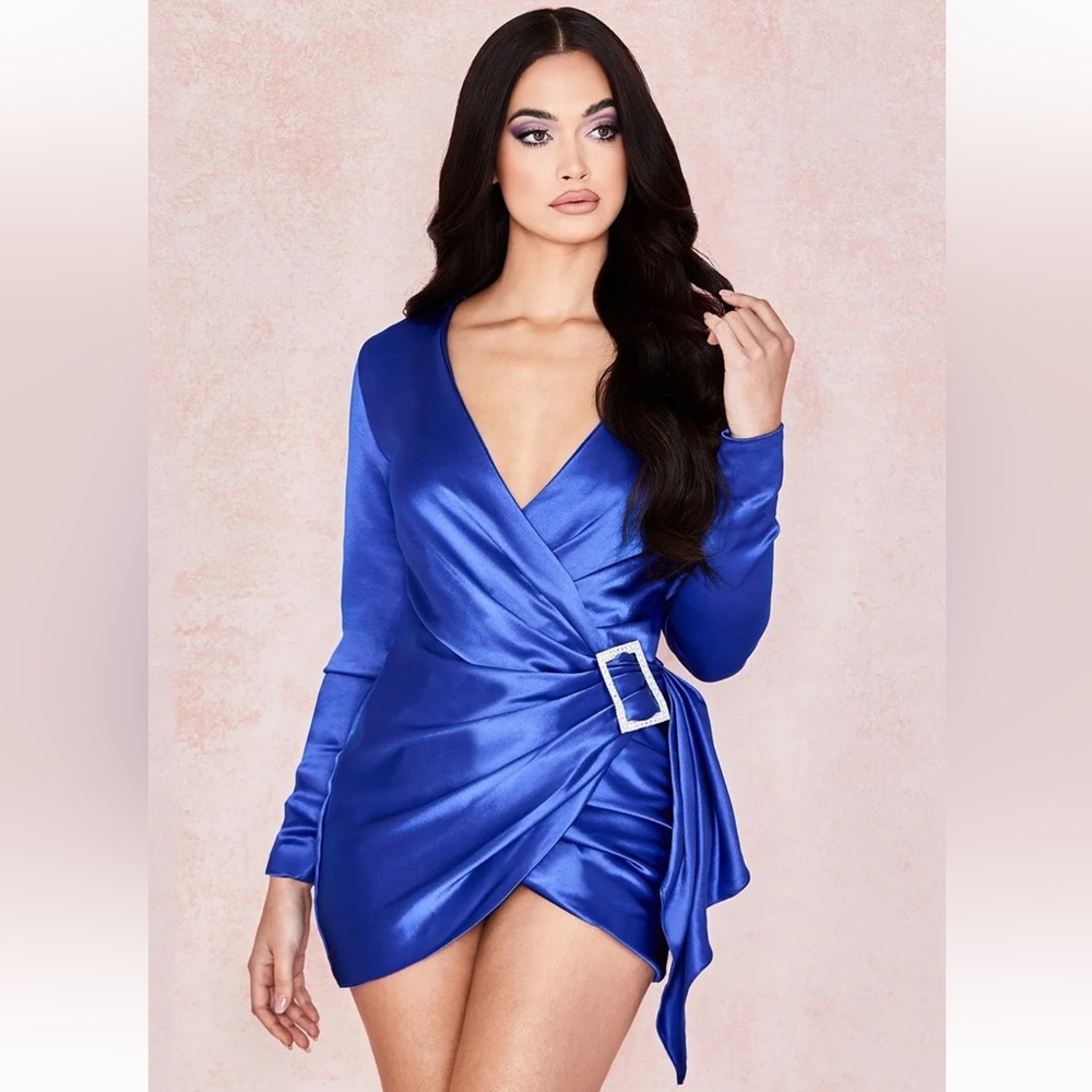 HOUSE OF CB 'Henrietta' Cobalt Satin Draped Dress/Size S US 4-6/